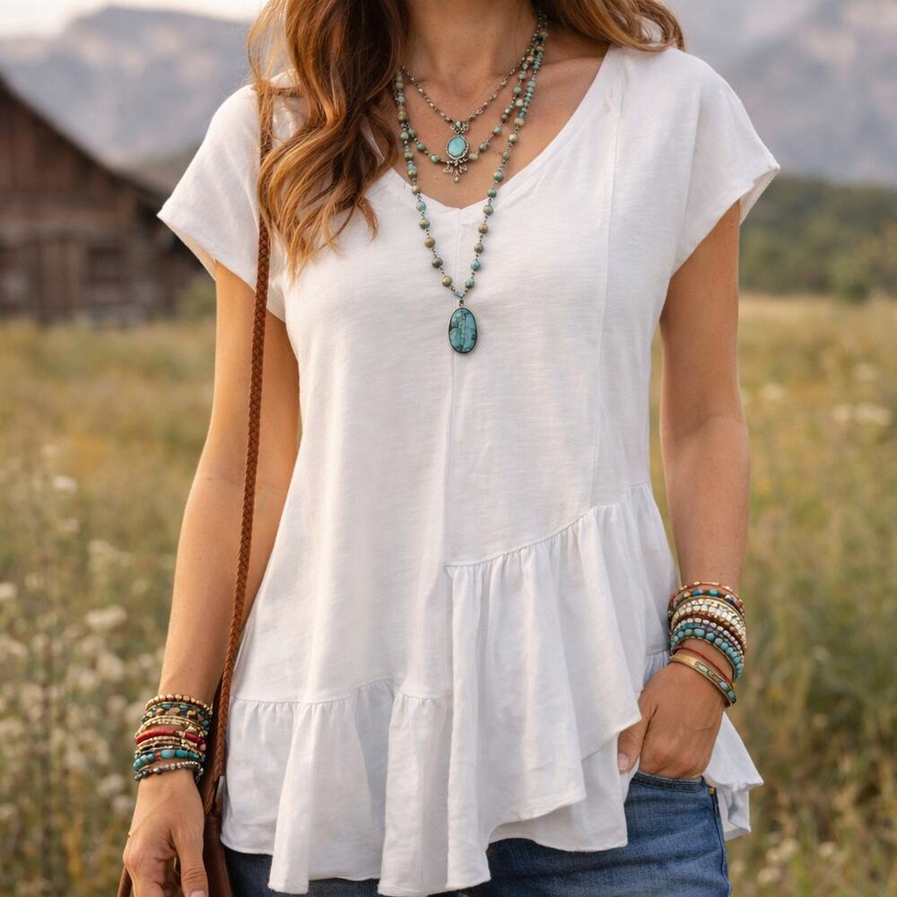 Sundance SZ XS Sleeveless V-Neck White Asymmetrical Ruffle Peplum Top